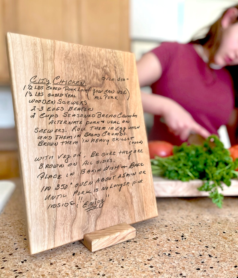 Personalized Cutting Board Recipe Engraved, Custom Cutting Board, Mom Gift, Housewarming Gift, Wedding Gift, Mothers Day, Handwritten Recipe 9 x 12 Cherry +Stand