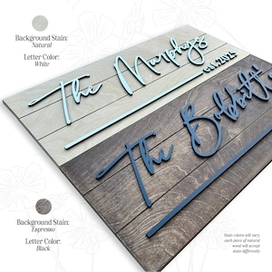 May include: A wooden sign with two sections, one stained natural and the other stained espresso. The top section has the text "The Mytage est. 2025" in white lettering. The bottom section has the text "The Bolster" in black lettering.