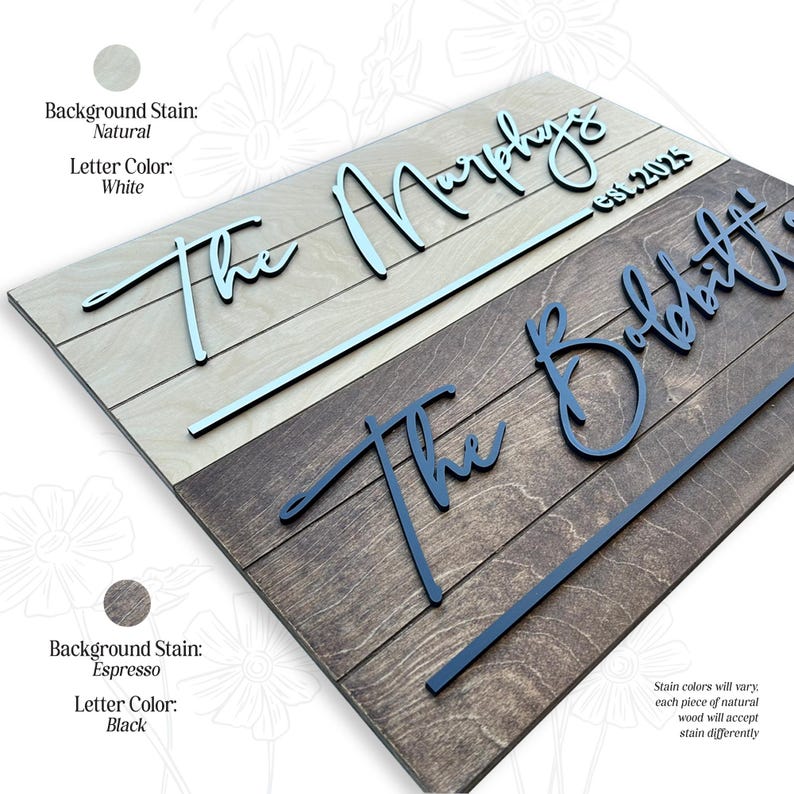 May include: A wooden sign with two sections, one stained natural and the other stained espresso. The top section has the text "The Mytage est. 2025" in white lettering. The bottom section has the text "The Bolster" in black lettering.