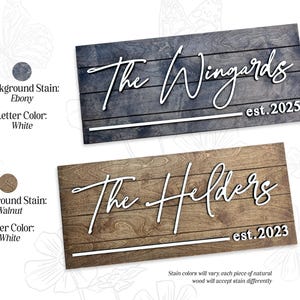 May include: Two wooden signs with the text "The Wingerds est. 2025" and "The Helders est. 2023" in white script. The top sign has a dark gray stain and the bottom sign has a brown stain.