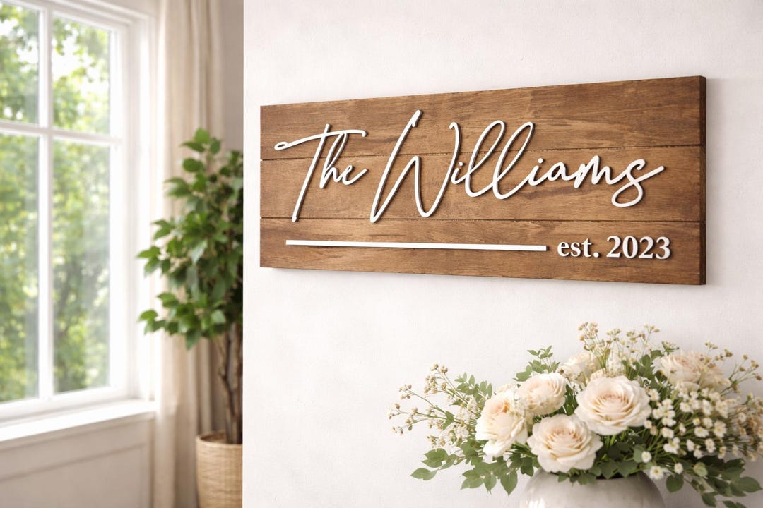 Custom Last Name Sign, Wedding Gift for Couple, Established Family Name Sign, Rustic Farmhouse Wall Decor - Medium, Black Ltrs, Espresso No Stand