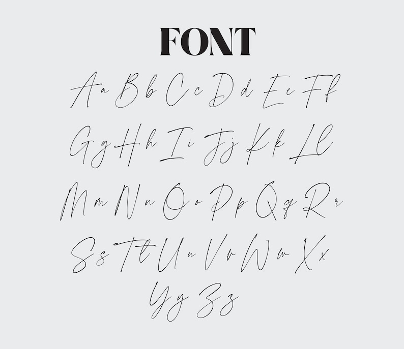 May include: A handwritten font alphabet in black ink on a light gray background. The letters are written in a casual, cursive style.
