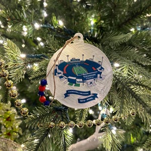 Può includere: Sfera natalizia in vetro trasparente con un disegno di stadio in blu, verde e bianco. L'ornamento riporta la scritta "Highmark Stadium" e "Farewell Season 1973-2026". È appeso a un filo con perline rosse e blu.