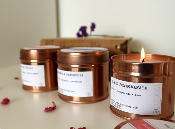 Hand poured Soy Wax Rose Gold Tin Black Pomegranate Scented Candle Paraben Free