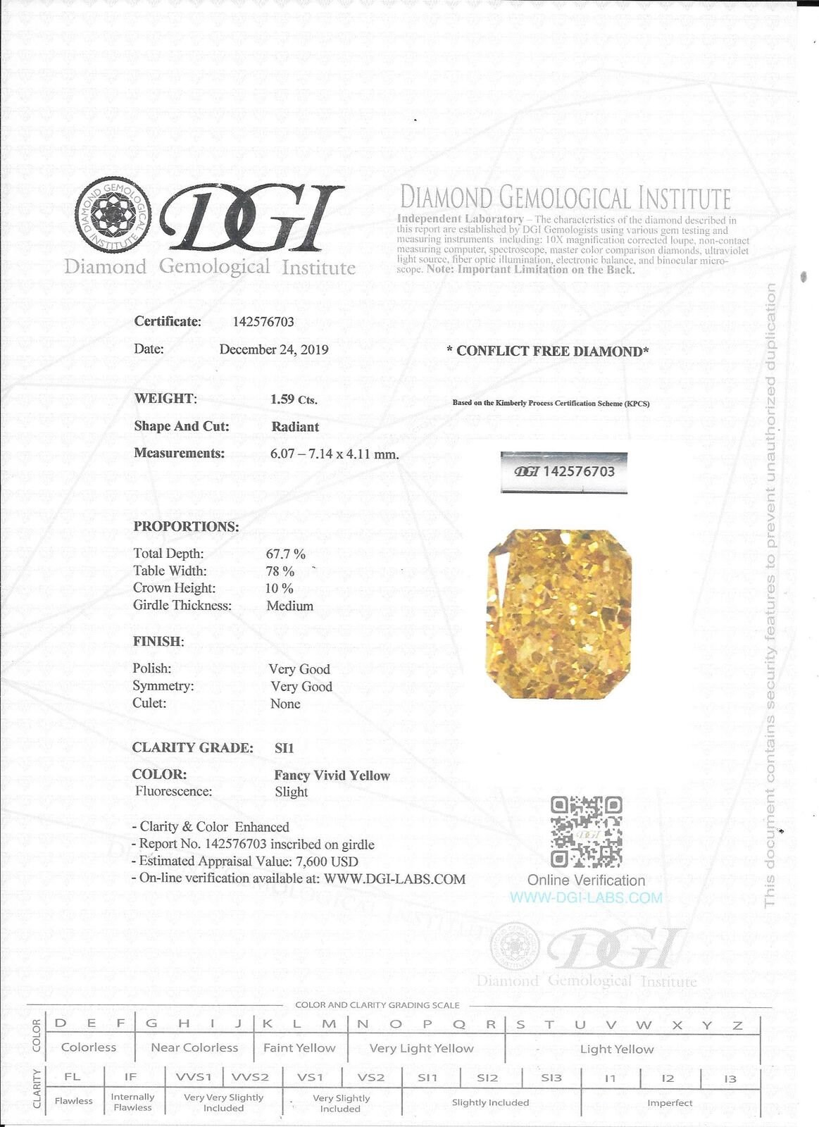 Loose Yellow Radiant Diamond 1.59 Carat SI1 | Etsy