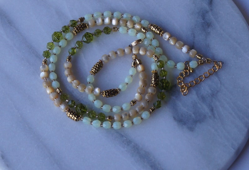 Opalite and Mother of pearl Double Strand August Birthstone Peridot Multicolor Necklace