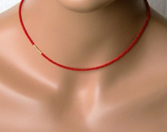 Handmade Dainty Necklace, Red Beaded, Thin Layered,  Simple Small Choker, Minimalist Style.