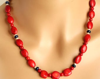 Collar de piedras preciosas de coral, lapislázuli, perla y howlita turquesa roja, piedra natal de octubre