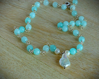 Faceted Light Blue Amasonite Necklace and Baroque Pearl Pendant5