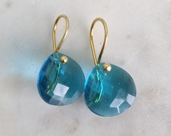 Faceted Teardrop Aqua Blue Quartz Gold Filled Earrings, Gold Wire Earrings, Blue Gemstone Earrings Dangle