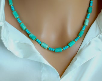 Collar de ágata y turquesa, ágata azul verdosa y turquesa azul, piedra preciosa, piedra natal de diciembre