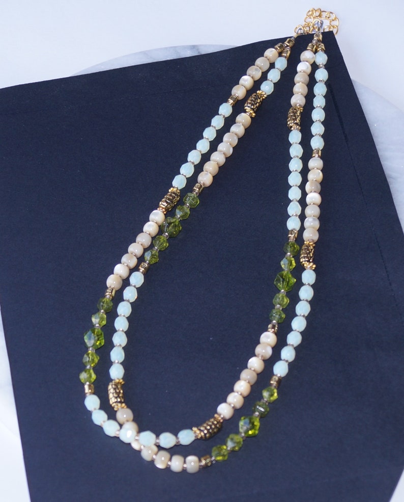 Opalite and Mother of pearl Double Strand August Birthstone Peridot Multicolor Necklace