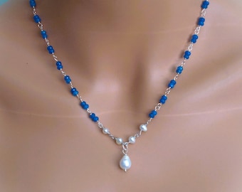 Collier de pierres précieuses authentiques, collier de perles d’agate, collier de perles d’eau douce d’agate bleue, collier pendentif de perles, pierre de naissance de décembre.