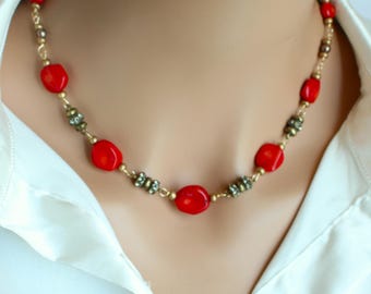 Red  Coral and Antique Bronze Necklace, Vintage Style Beaded Jewelry , Boho Coral Statement Piece