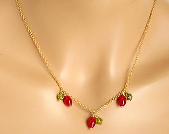 Collar de ágata roja oscura y peridoto, cadena de oro de 18 quilates, gargantilla de estilo botánico, joyería de piedras preciosas.