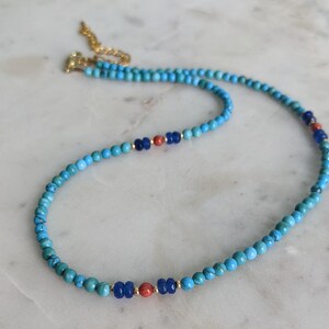 Gemstone Necklace, Blue Turquoise Necklace, Coral and Lapis Lazuli Dainty Choker, Minimalist, September and December Birthstone
