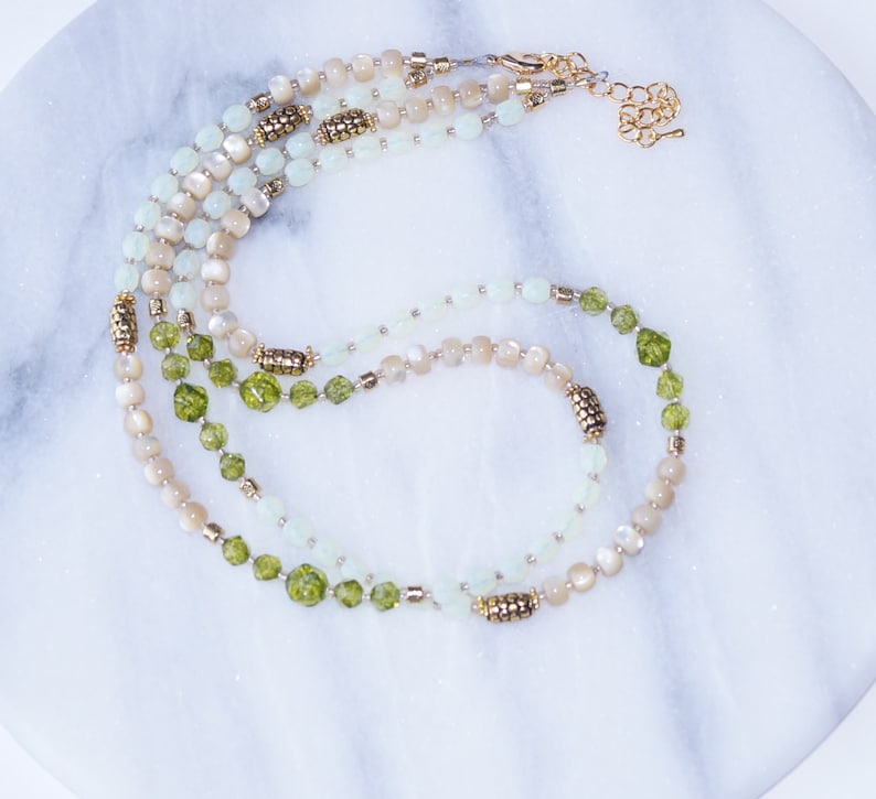 Opalite and Mother of pearl Double Strand August Birthstone Peridot Multicolor Necklace