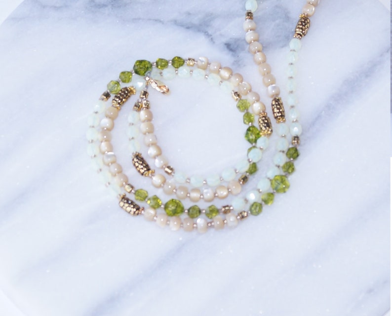Opalite and Mother of pearl Double Strand August Birthstone Peridot Multicolor Necklace