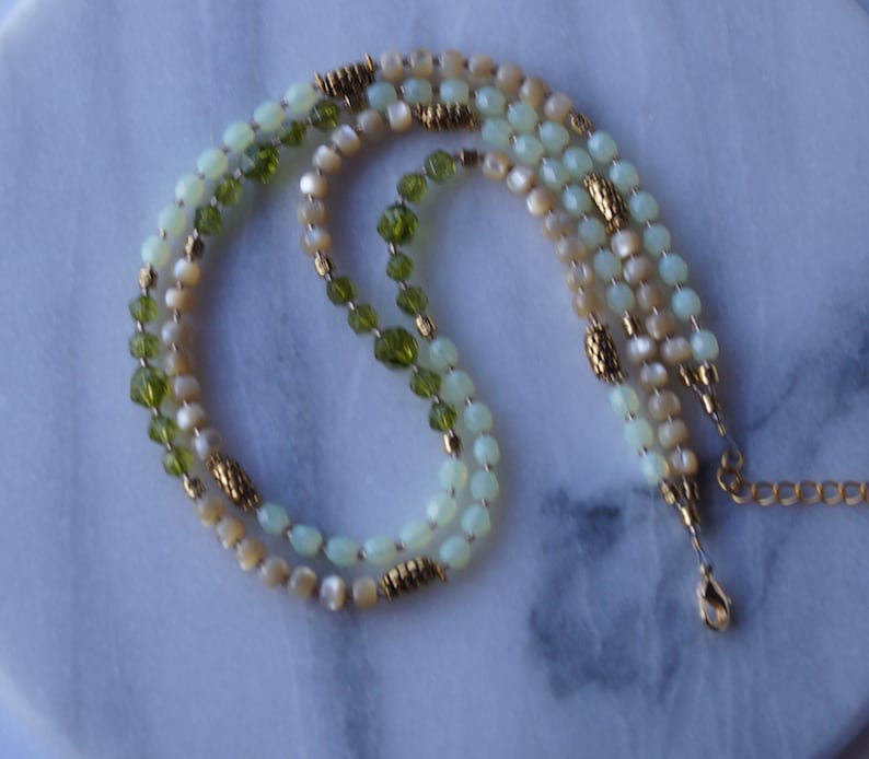 Opalite and Mother of pearl Double Strand August Birthstone Peridot Multicolor Necklace