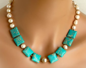 Collar de jaspe emperador azul y perlas con pirita dorada, joyería de piedras preciosas naturales.