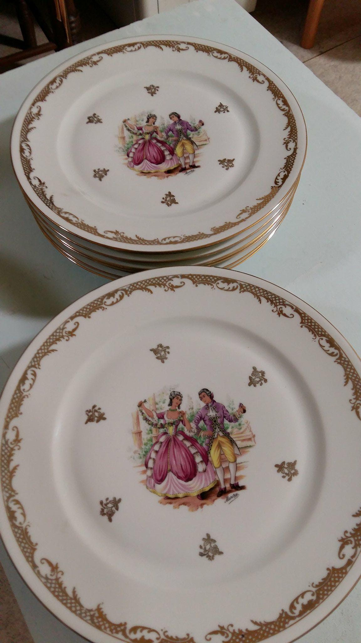 Ensemble 12 Assiettes Plates Vintage Porcelaine Limoges Décor Style Fragonard