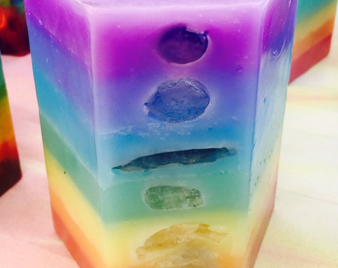 7 Layer Pastel Chakra Small Hexagon Candle inlaid with Crystals & Gemstones that represent each chakra point and illuminate when lit!