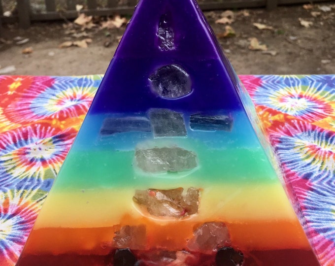 Crystal Candle ~7 Layer Chakra Pyramid Candle with inlaid Crystals and Gemstones that illuminate from within when Lit!