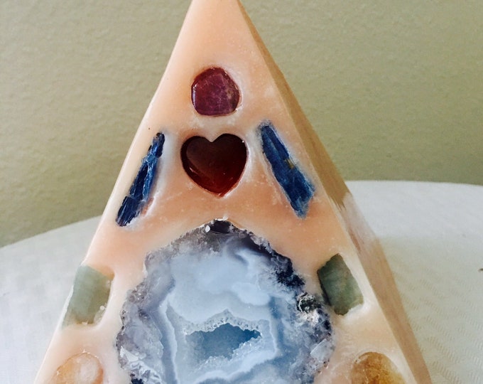 Crystal Candle ~ Peach Pyramid Candle w/ inlaid Amethyst, Crystal Quartz, Citrine, and Carnelian that illuminate when lit!