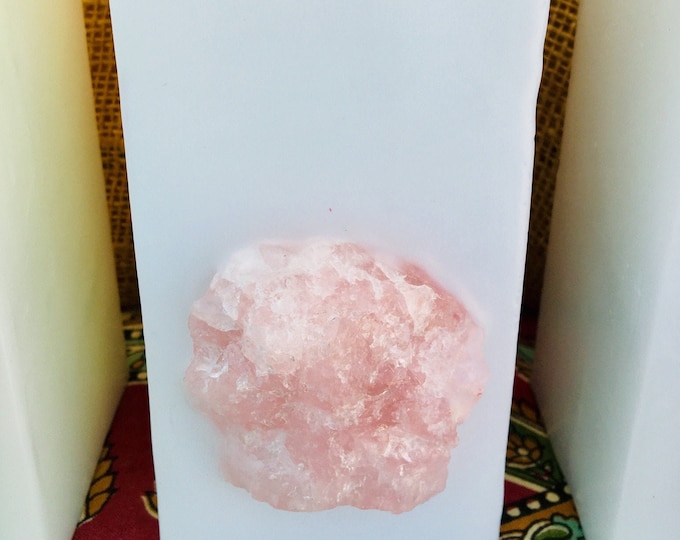 Crystal Candle  ~ White Tall Square Purifying Candle with an inlaid Rose Quartz Crystal Cluster Burns for 200 hours illuminating when lit!