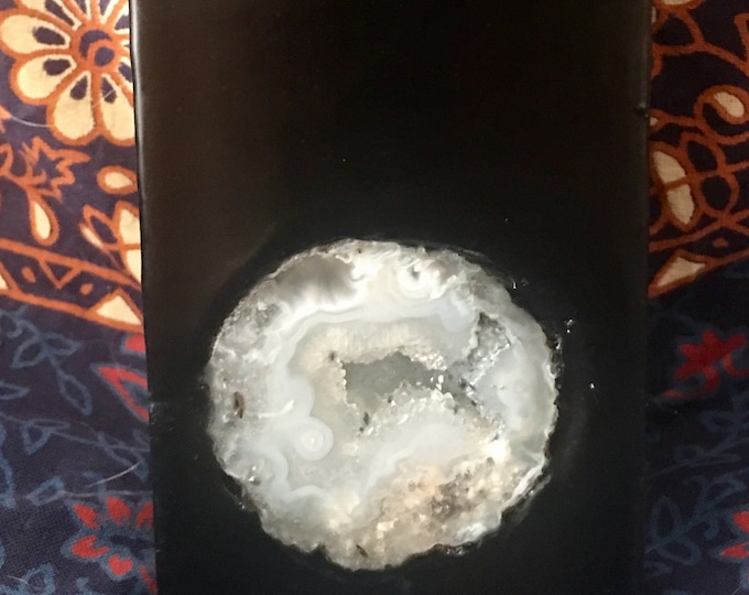 Tall Black Square Protection Candle with an inlaid Crystal Geode that illuminates when lit! Burns for 200 hours- Scented with essential oils