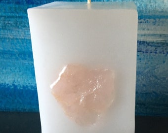 Crystal Candle ~ Small Square Candle with an inlaid Rose Quartz Crystal Cluster that illuminates when lit! Burns for 125 hours
