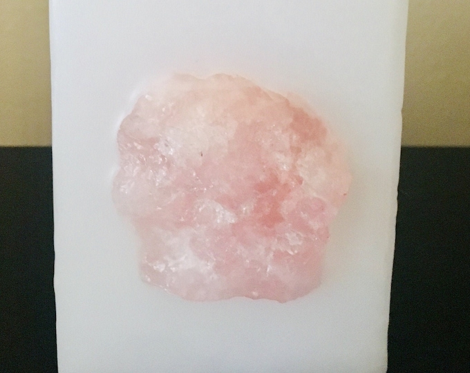 Crystal Candle  ~ White Chub  Square Purifying Candle with an inlaid Rose Quartz Crystal Cluster Burns for 200 hours illuminating when lit!