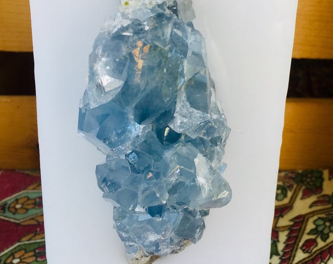 Crystal Candle~ White Tall Square Scented Candle with an inlaid Blue Celestine Cluster that illuminates when lit!