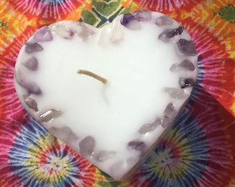 Love is the Answer ~ Crystal & Gemstone Large Heart Candle - White with inlaid Amethyst, Green Calcite and Citrine that illuminate when lit!
