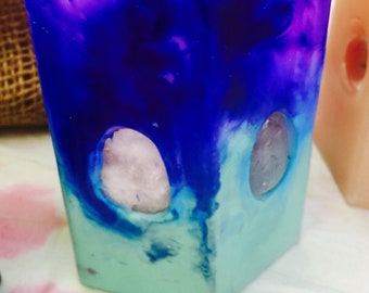 Crystal Candle ~ Small Hexagon Tie Dyed Scented Candle inlaid with Crystals and Gemstones that illuminate when lit! Burns for 100 hours
