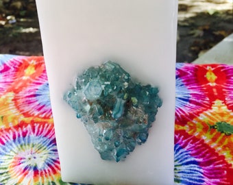 Crystal Candle~ White Tall Square Scented Candle w/ an inlaid Aqua Aura Blue Quartz Crystal Cluster that illuminates when lit!