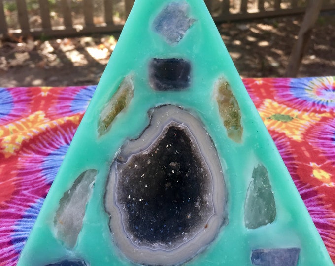 Crystal Candle ~ Sea Green Pyramid Candle w/ inlaid Amethyst, Crystal Quartz, Citrine, and Carnelian that illuminate when lit!