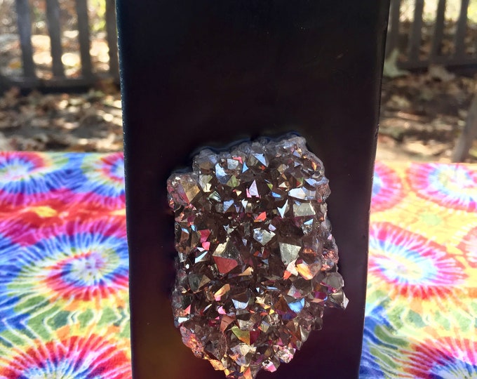 Crystal Candle~ Black Tall Square Protection & Abundance Candle with an inlaid Silver Aura Quartz Crystal Cluster! Burns for 200 hours