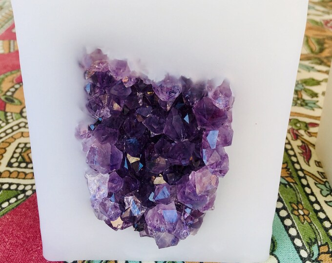 Crystal Candle ~ Small Square Intention Candle with an inlaid Amethyst Crystal Cluster that illuminates when lit! Burns for 125 hours