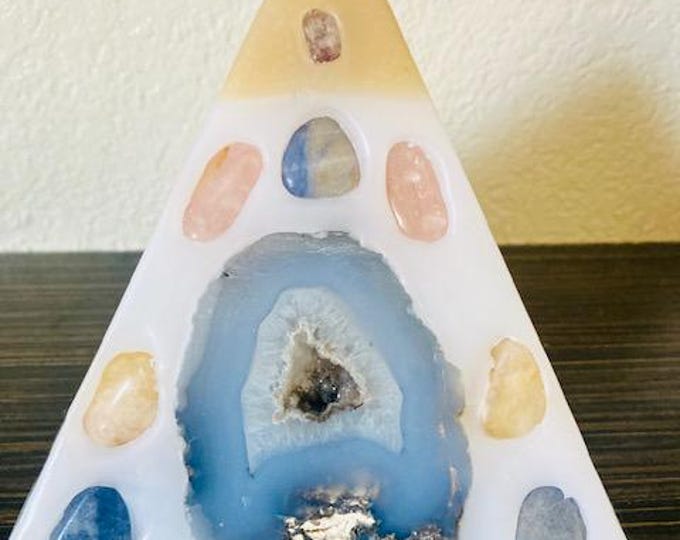Crystal Pyramid Candle ~ White & Gold Capped Large Pyramid Candle with an inlaid Geode, Crystals and Gemstones that illuminate when lit!