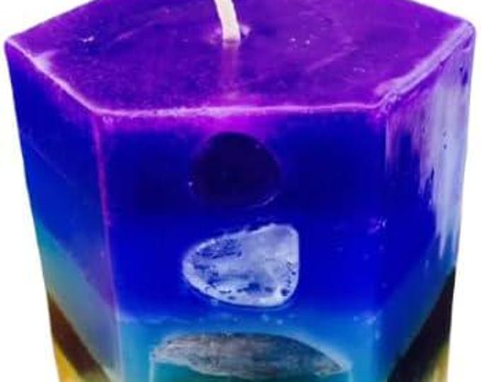 7Layer Small Chakra Hexagon Candle Inlaid with Crystals & Gems That correspond to Each Chakra, Illuminating When Lit! Burns for 100 hours