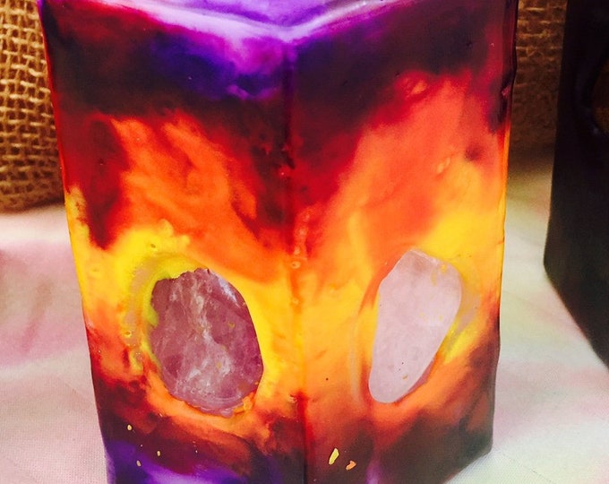 Crystal Candle ~ Small Hexagon Sun Candle Tie Dyed Yellow, Orange, Red & Purple inlaid with Crystals and Gemstones that illuminate when lit!