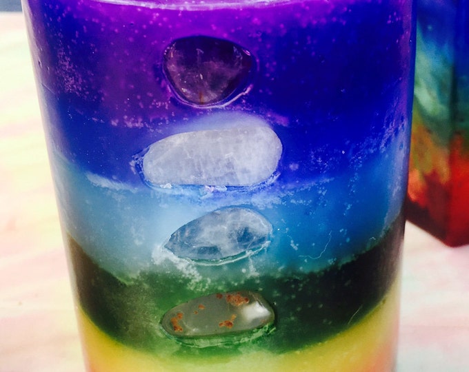 7 Layer Small Round Chakra Candle inlaid with crystals and gemstones that represent each Chakra  & illuminate when lit! Burns for 120 hours