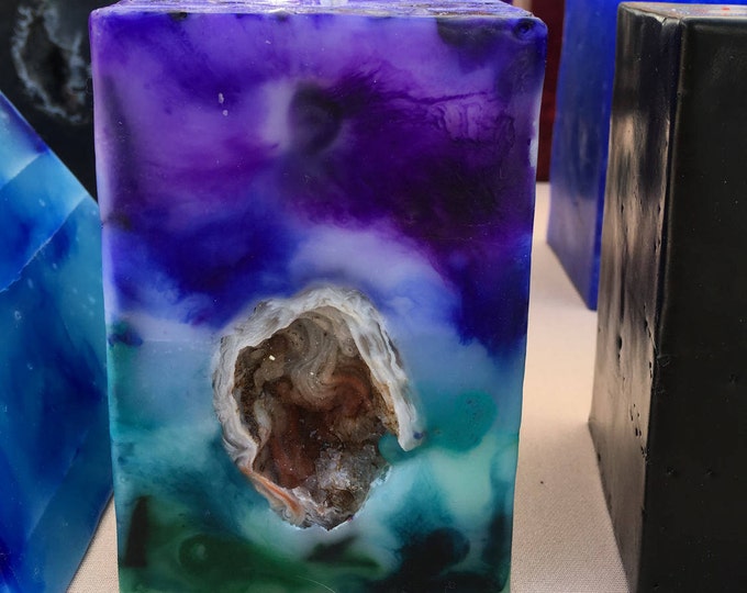Crystal Candle ~Purple, Blue & Turquoise Medium Scented Square Pillar Candle with an inlaid Crystal Geode that illuminates when lit!