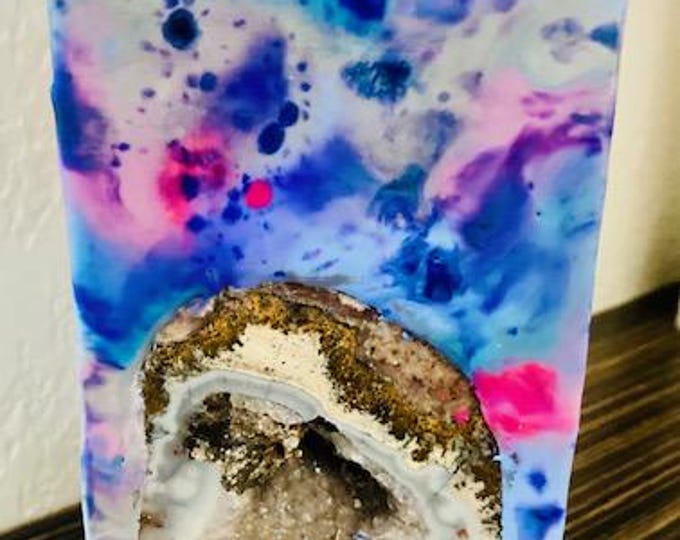 Crystal Geode Candle~ Tall Square Tie Dyed Crystal Candle with an inlaid Crystal Geode that illuminates when lit! Burns for 200 hours