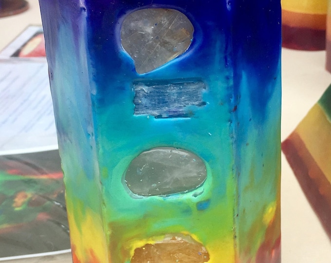 Crystal Chakra Candle ~ Large Tie Dye Hexagon Candle inlaid w/ Crystals & Gemstones that represent each Chakra and illuminate when lit!