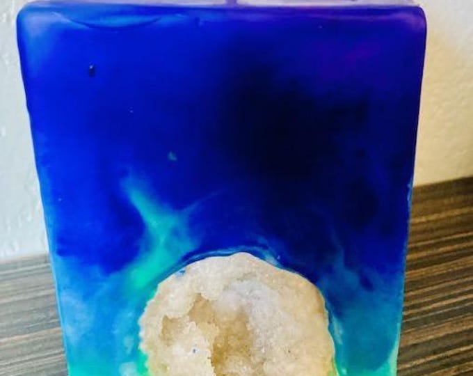 Handcrafted Small Square Tie Dyed Crystal Candle with an inlaid Crystal Geode that illuminates when lit Burns for 125 hours