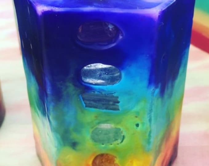 Crystal Chakra Candle ~7Layer Small Hexagon TieDye Candle inlaid w/ Crystals & Gemstones that represent each Chakra and illuminate when lit!