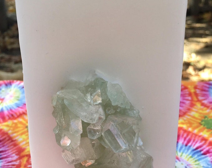 Crystal Candle~ Goddess White or Black Elegant Tall Square Crystal Candle with an inlaid Apophyllite Cluster that illuminates when lit!