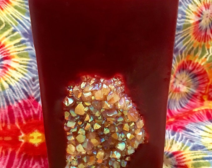 Crystal Candle~ Red Tall Square Scented Candle with an inlaid Opal Citrine Aura Cluster that illuminates when lit!